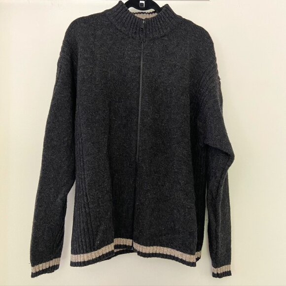Woolrich Lambswool Blend Men's XL Full‎ Zip Sweater Charcoal Gray Tan Stripe - Picture 1 of 12